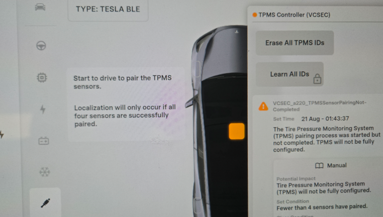 TPMS in Service menu